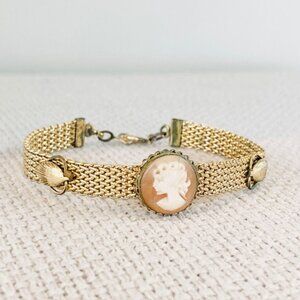 Vintage Carved Cameo Goldtone Victorian Revival Mesh Retro Classic Bracelet